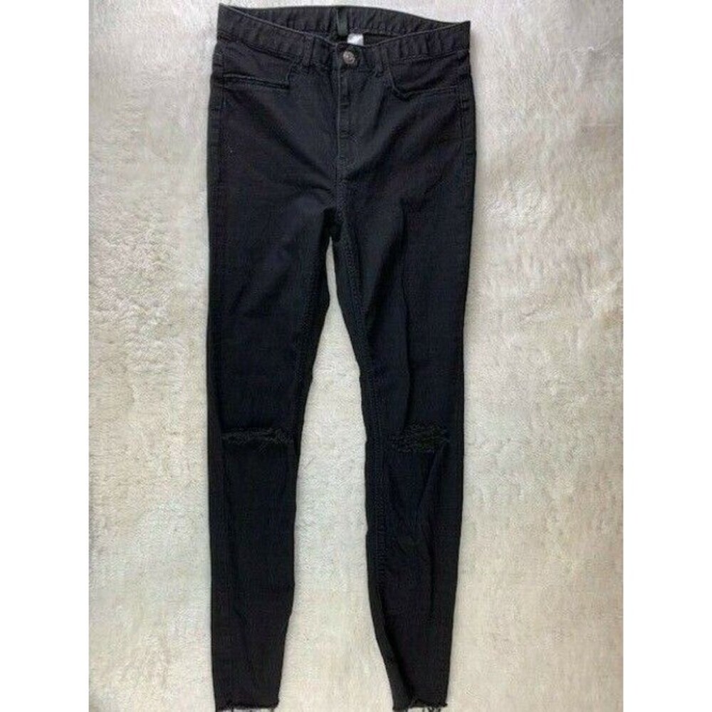 H&M Divided Size 8 Womens Skinny Jeans Black Distressed Rip Torn Raw Hems